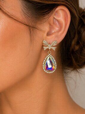 Mint Gold Bow Aurora Borealis / Iridescent Drop Earrings Rhinestone Teardrop NWT